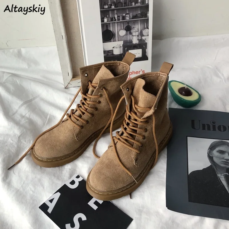 

Boots Women Flock Ankle Martin Boot British Style Student BF Female All-match Vintage Spring Flat Lace Up Womens Leisure Trendy