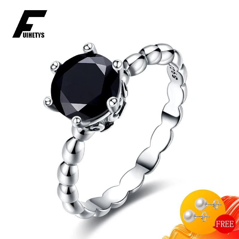 FUIHETYS Women Ring 925 Silver Jewelry Round Shape Obsidian Gemstone Finger Rings for Wedding Engagement Party Gift Accessories