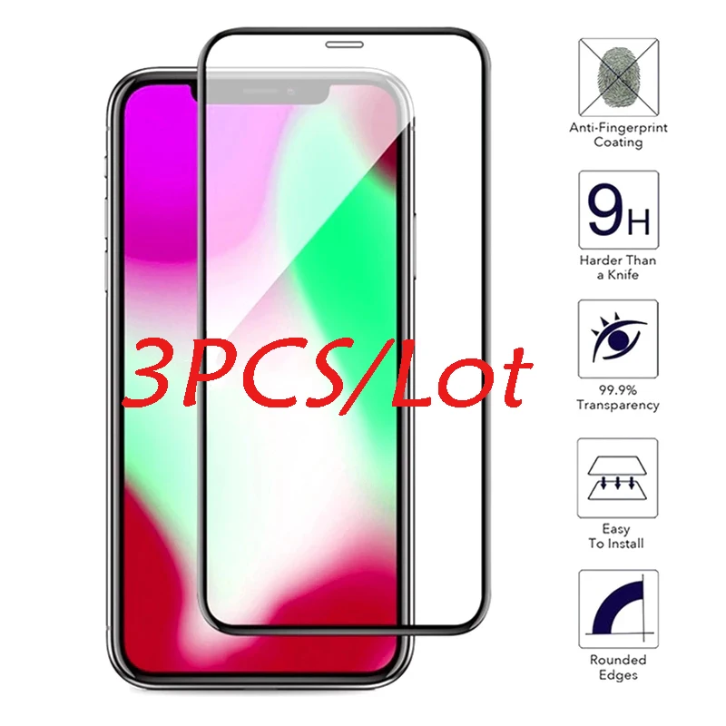 

3Pcs/Lot 9D Full Cover Tempered Glass for IPhone 12 8 7 6 6S Plus X XS MAX Glass Iphone 7 8 X Screen Protector Protective Glass