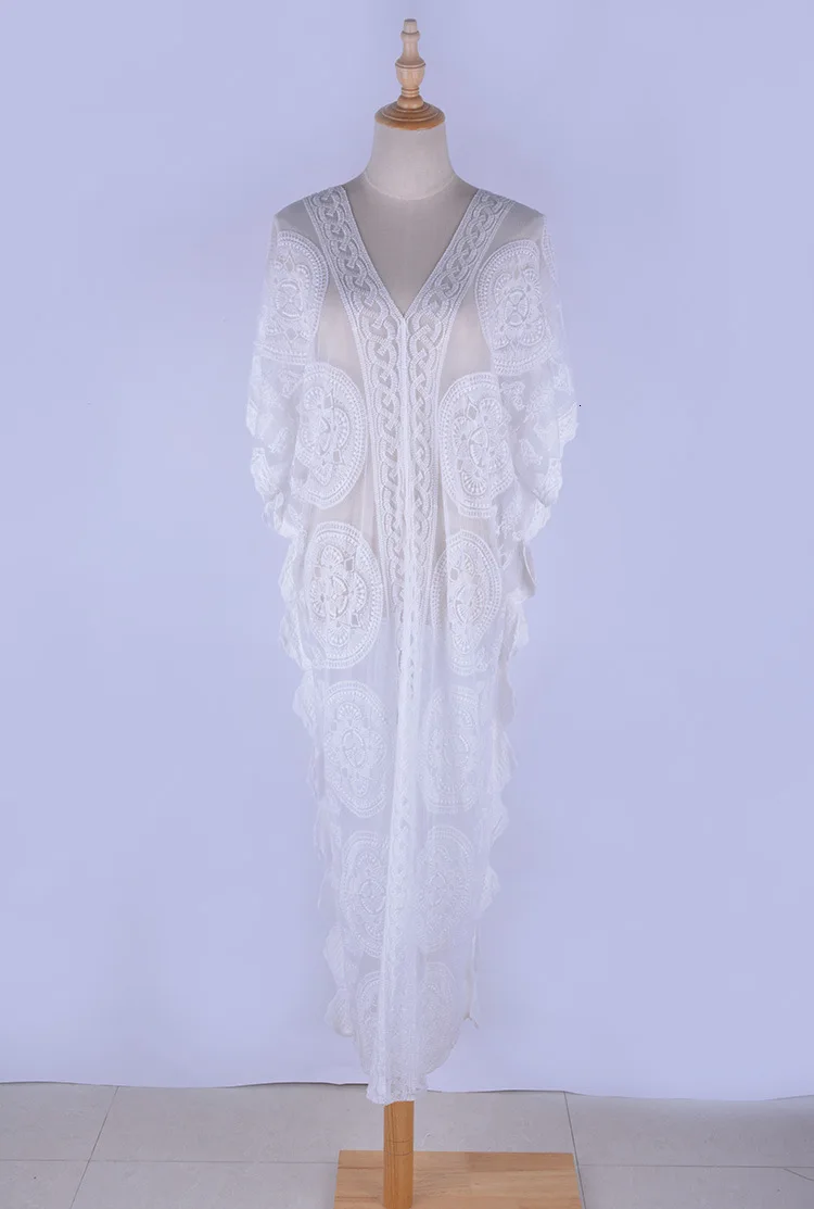 

2019 Sexy See Through Bikini Cover-ups Women Lace Beachwear Deep V-Neck Bats Sleeve Summer Beach Dress Swimsuit Oversize Sarong