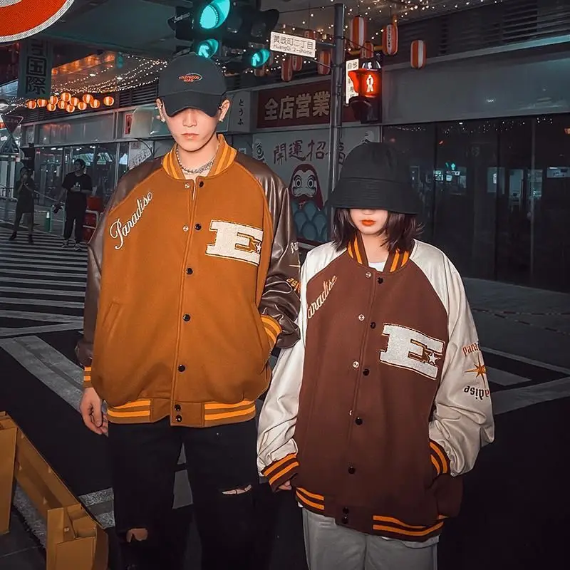 

High Street Jackets Men Women Spring Hong-Kong Style Stitching Baseball Uniform Couple Hip-hop Loose Embroidered Vintage Clothes