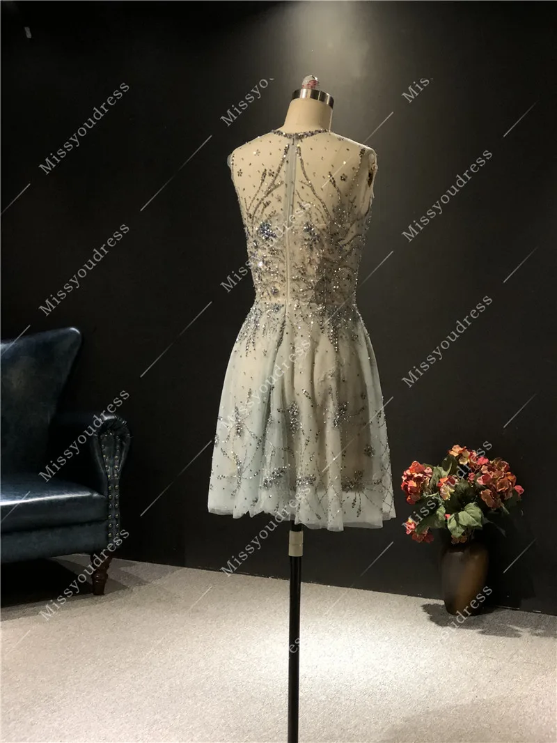 Vestidos de fiesta 2021 Real Pictures Gray Heavy Beads Sleeveless Short Length Formal Party Prom Dancing Women Evening Dresses