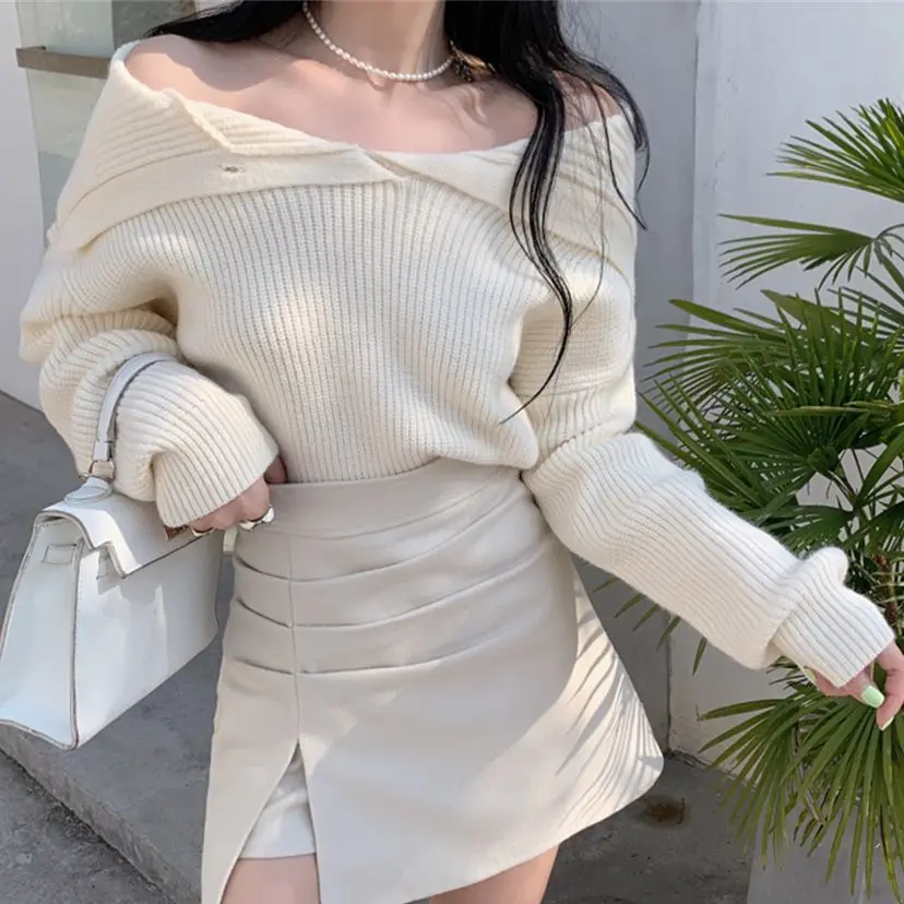 

HziriP Slash Neck Chic Sexy Women Knitwear Sweaters Slim Outwear Loose 2022 Spring OL Lazy Style New Casual Pullovers Jumpers