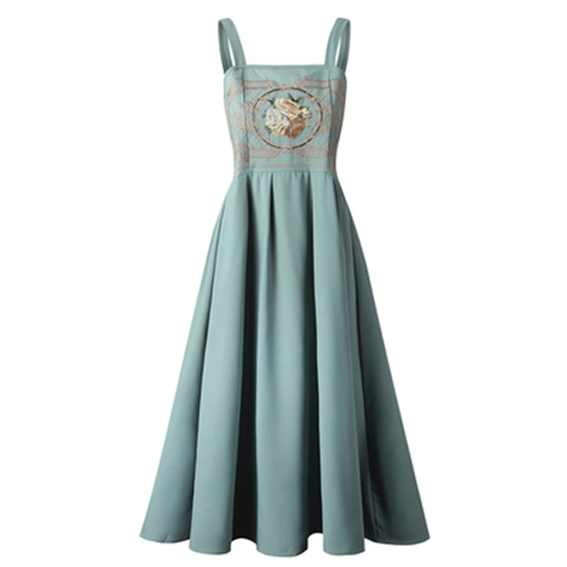 

Summer Embroidered Floral Beach Strap Sexy Midi Dress Women's Literary Retro Backless Sleeveless Vacation Party Dresses Y407
