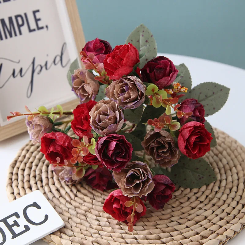 

7 Fork 21 Head Diamond Rose Artificial Replica Home Decorative Flower Wedding Home Furnishing Fall Decor Garden Decoration