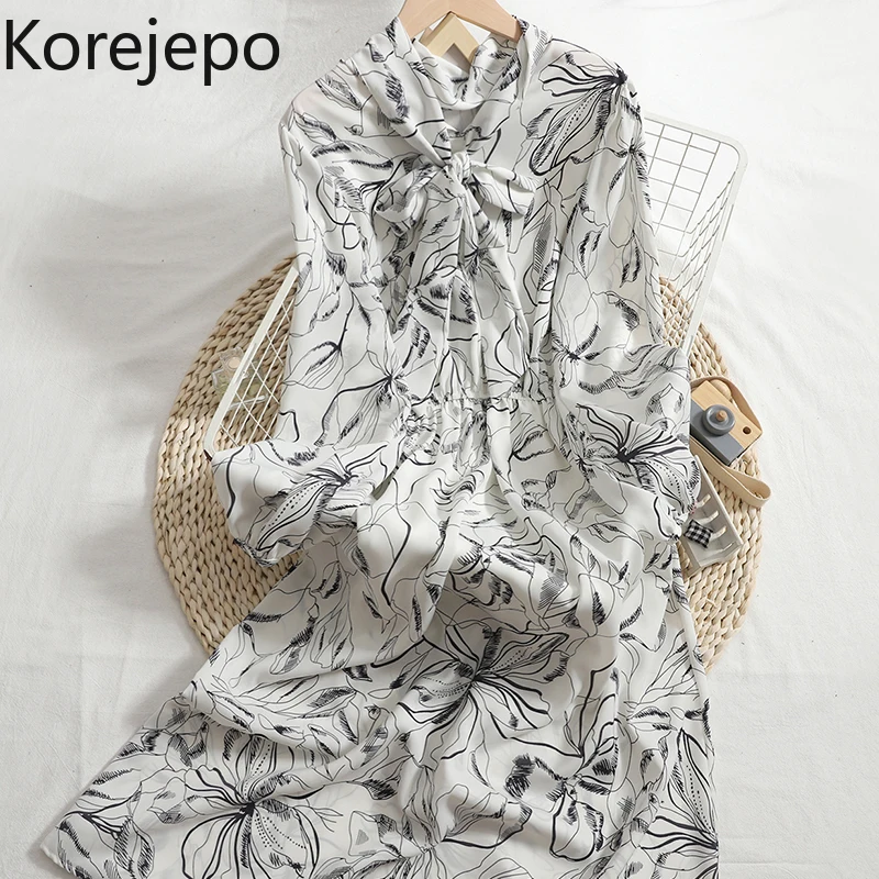 

Korejepo Printed Dress Women's Winter 2021 Bandage Bow Gentle and Versatile Waist Closing Slim Flower Bottomed Dresses Elegant
