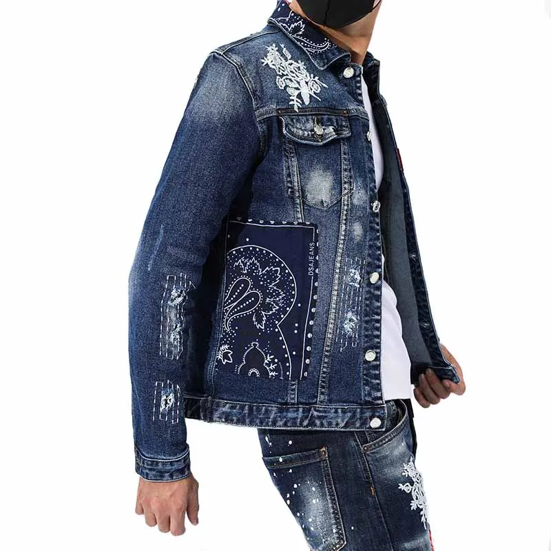 Мужские джинсовые куртки с рваными складками синие в стиле пэчворк 2019|Мужские
