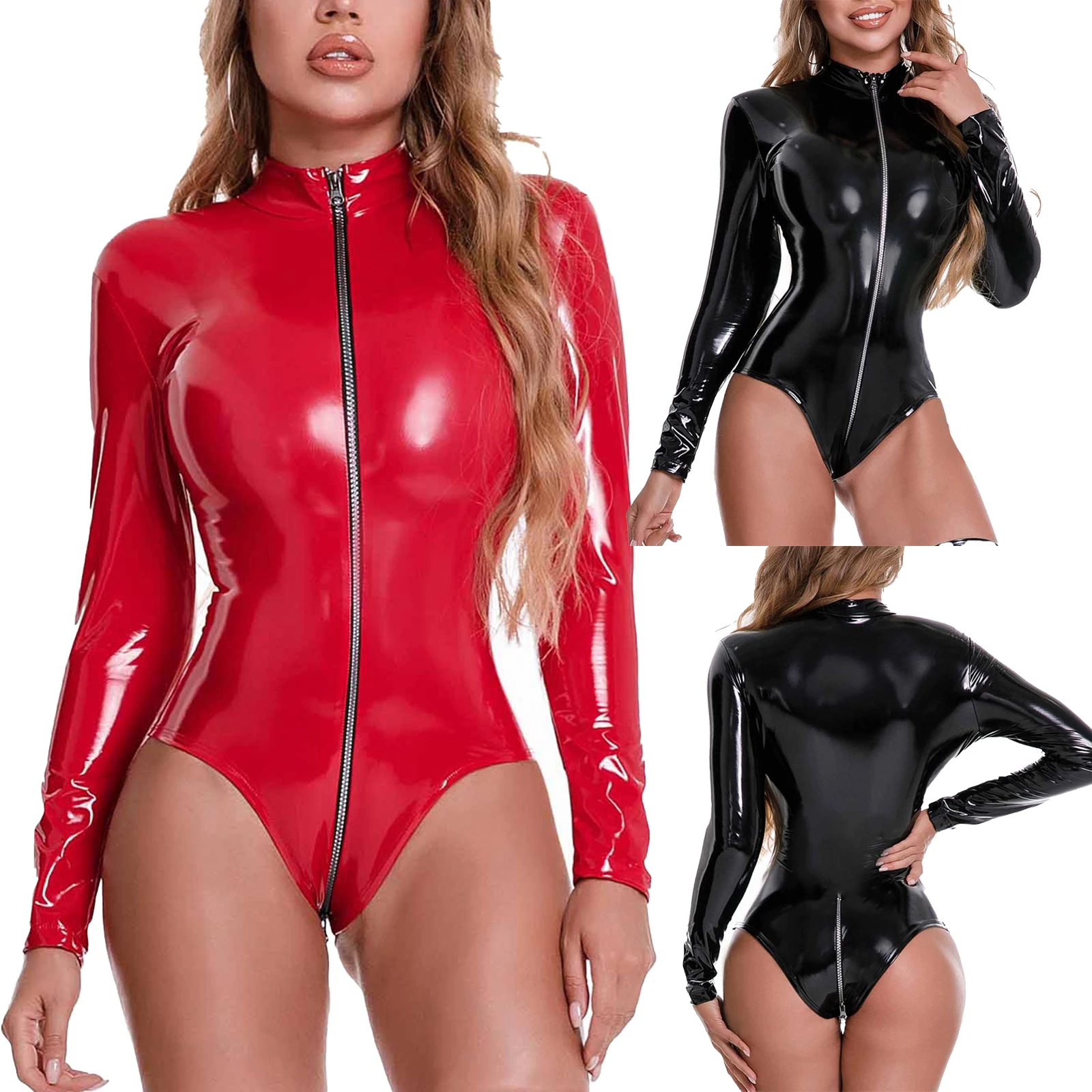 Womens Latex Patent Leather Leotard Wetlook Mock Neck Teddy Bodysuit Glossy Long Sleeve Zipper Slim Catsuit Pole Dance Clubwear images - 6