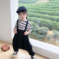80 130 cm girls casual suit baby kids children clothing set including stripe t shirt suspender pant 2pcs