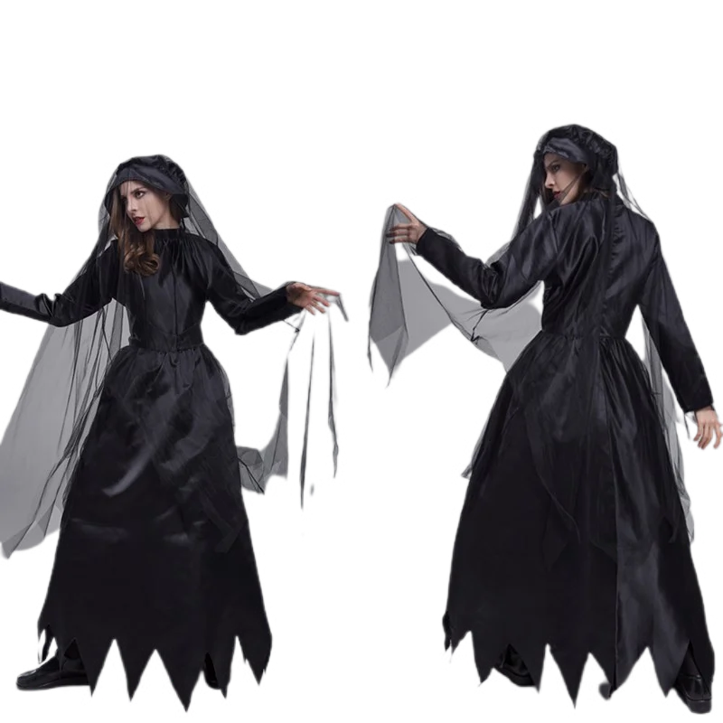 

Vampire Day of The Dead Witch Gothic Bride Scary Costume Women Halloween Dress Carnival Party Horror Devil Spooky Fancy Cloak