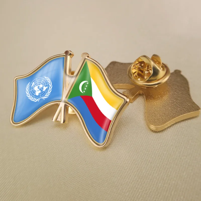 

United Nations and Comoros Crossed Double Friendship Flags Brooch Badges Lapel Pins