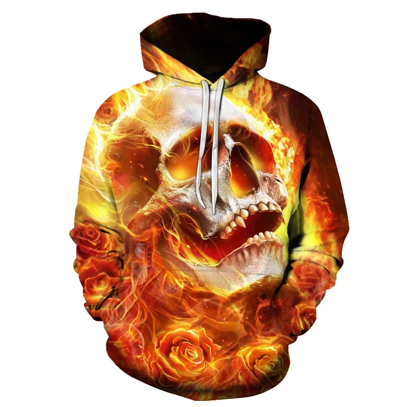 

Men's 3D Printed Hooded Sweater Horror Flame Skull Print Hip-hop Punk Style Hoodie Autumn and Winter High Street Boys Clothing