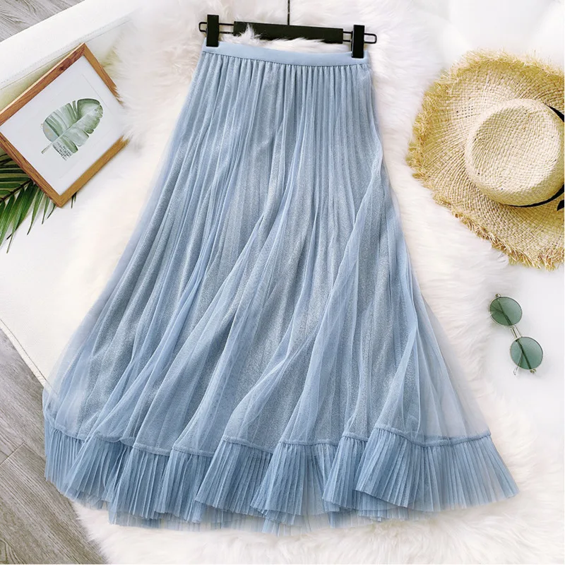 LANMREM 2020 New Spring High Waist Solid Color Mid-length Skirt Women Vintage Slim A-line Casual Mesh Pleated Tide PD557 | Женская