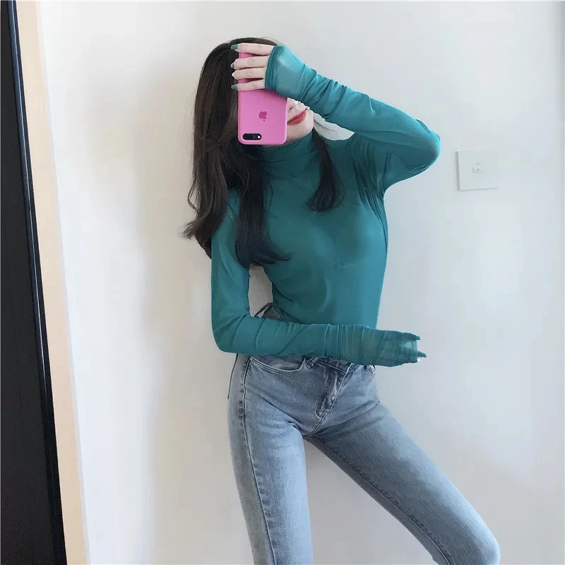 Футболка женская прозрачная сетчатая с длинным рукавом и воротником-хомутом |