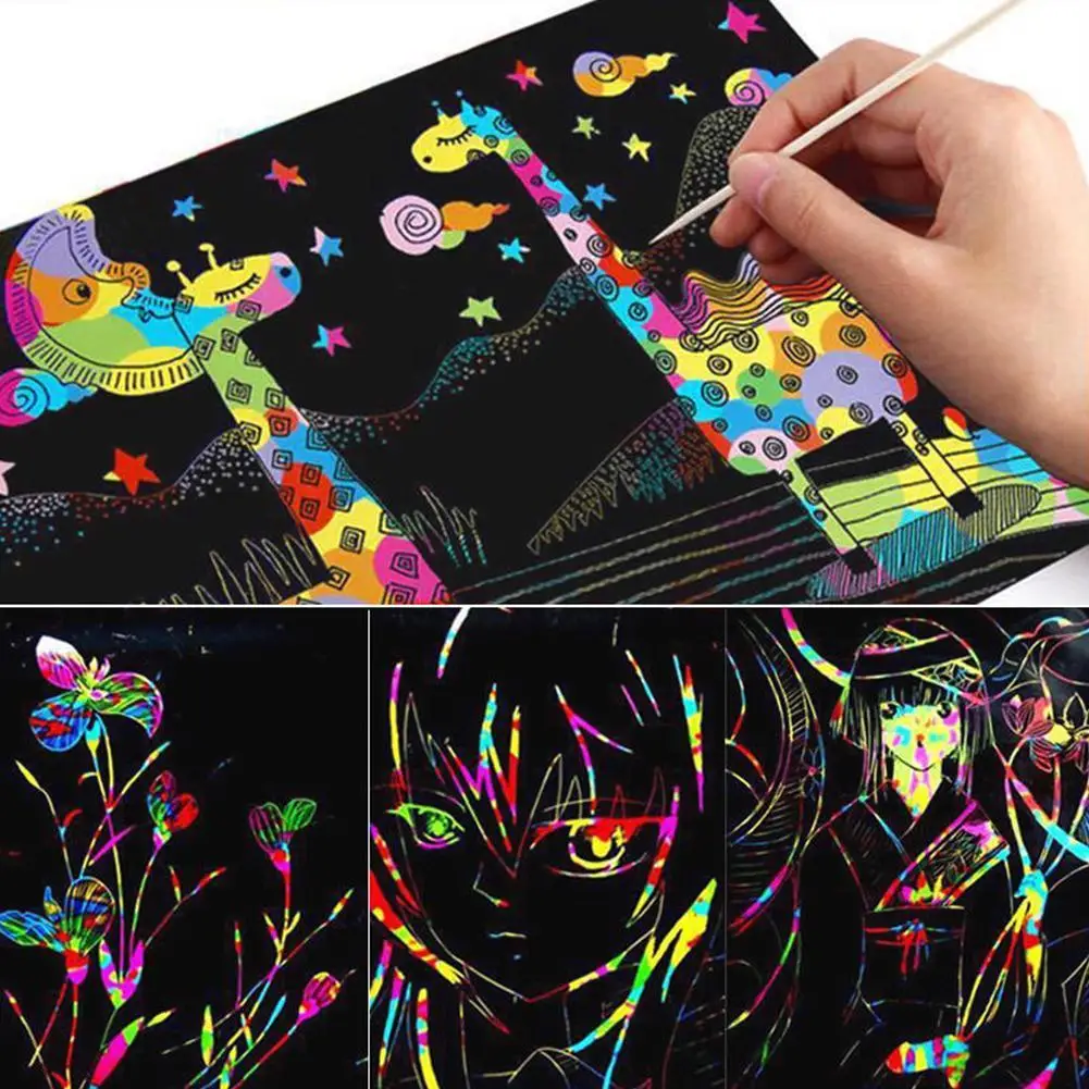 

50PCS Color Rainbow Scratch Art Paper Card Set For Drawing Graffiti with Stick Painting Children Toy Art Kids DIY Ste Z6J8