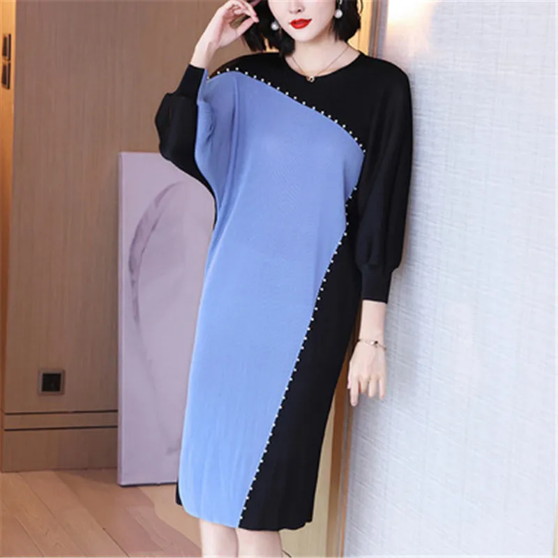 

Miyake folds loose plus size women's clothing 2021 summer new fashion beaded temperament age-reducing belly dress dress women