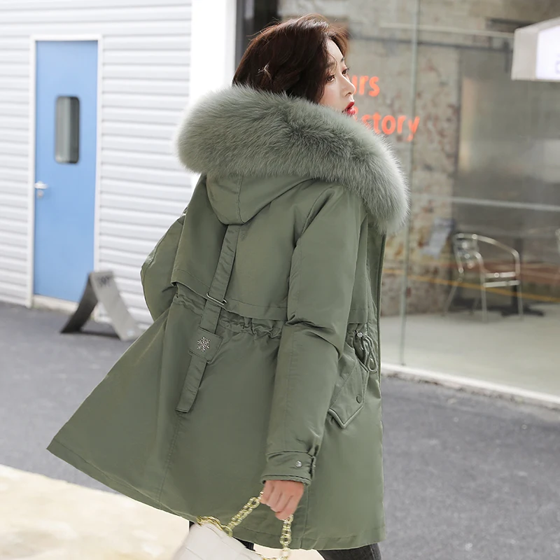 

Medium Long Cotton Liner Parka Coat Fashion Adjustable Waist Winter Jacket Women Casual Warm Hooded Parka 2021 New