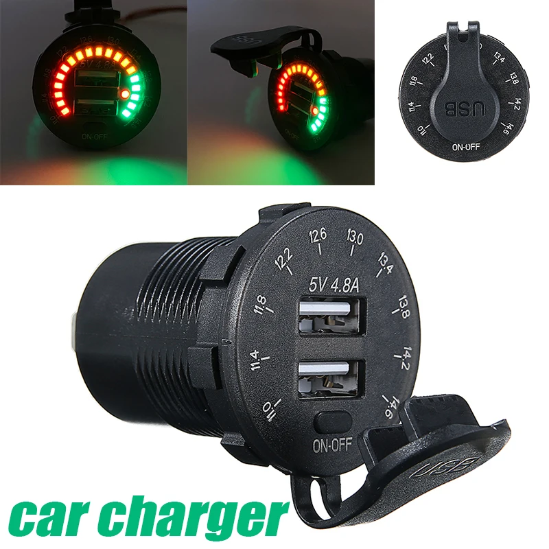 

12V 4.8A Dual USB Car Charger Socket With ON/OFF Switch Power Outlet LED Voltmeter Support Installation On Ship Motorcycle