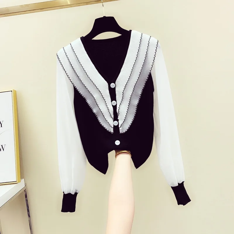

Korean Style 2022 Spring Autumn Fashion Womens Ruffles Patchwork V Neck Knitted Tops Female Long Sleeves Sweater Blouses A2754