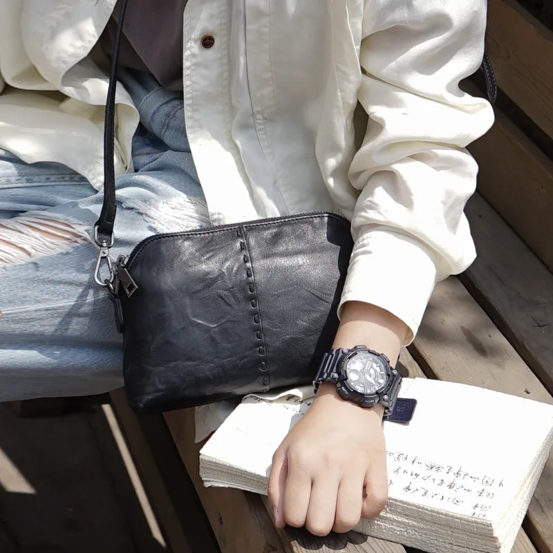 

Fashion handmade natural real leather ladies stitching multifunctional shoulder clutch daily casual gathering black messengerbag