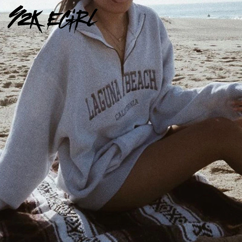 

Y2K EGIRL 90s Модные свитшоты с надписью на молнии оверсайз Инди эстетика стоячий воротник длинный рукав серый длинный топ