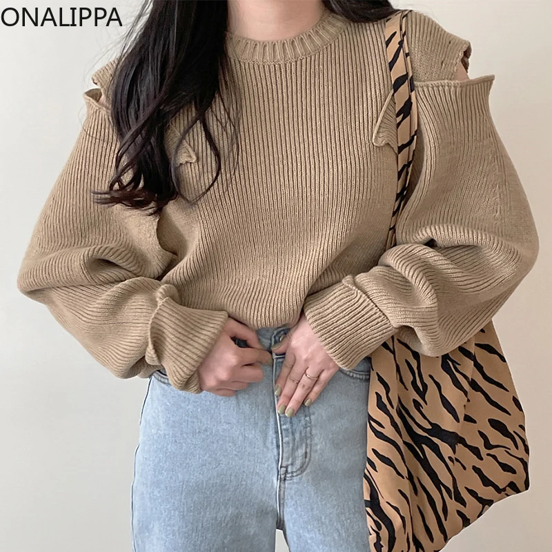 

Женский пуловер ONALIPPA в Корейском стиле на осень и зиму, новый элегантный темпераментный свитер в стиле ретро с круглым вырезом и без бретеле...