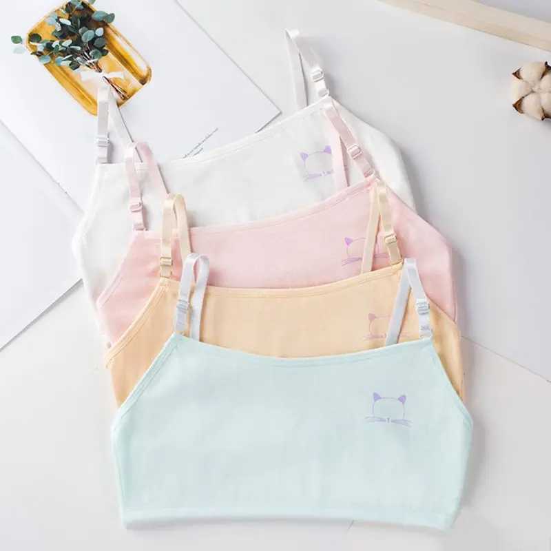 

Puberty Girl Sweet Candy Color Training Bra Double Layer Cotton Bralette Cartoon Meow Cat Adjustable Strap Crop Tops