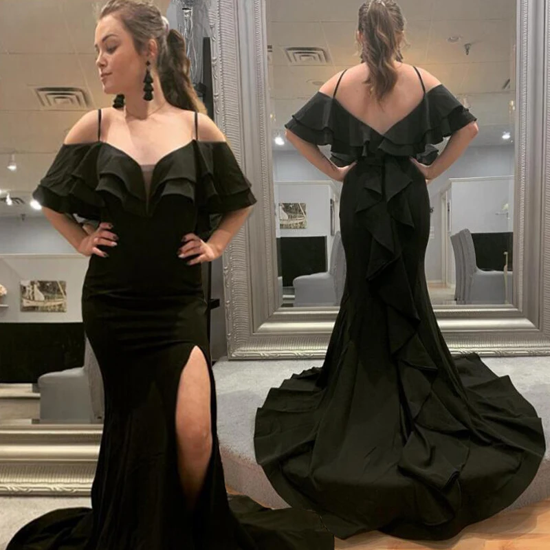

Sexy Black Chiffon Mermaid Party Dress Long Prom Dresses Spaghetti Straps Ruffled Court Train V Neck Ball Gown Vestido De Fiesta