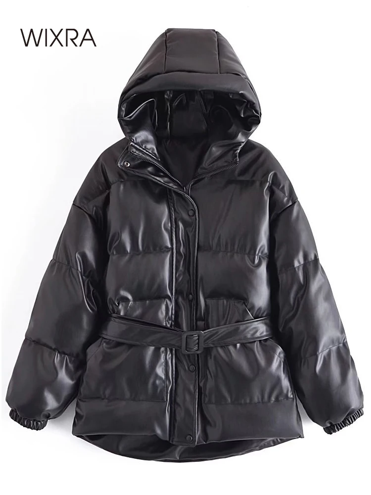 

Wixra Women Pu Coat With Sashes New Fashion Loose Hooded Parka Jacket Warm Black Outerwear Ladies Streetwear Waterproof Winter