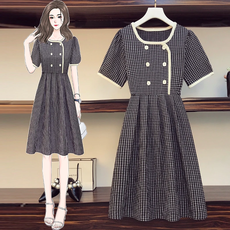 

4XL Plus Size Women Vintage Plaid Dress Summer 2021 Square Collar Puff Short Sleeve Double Breasted High Waist A-Line Dresses