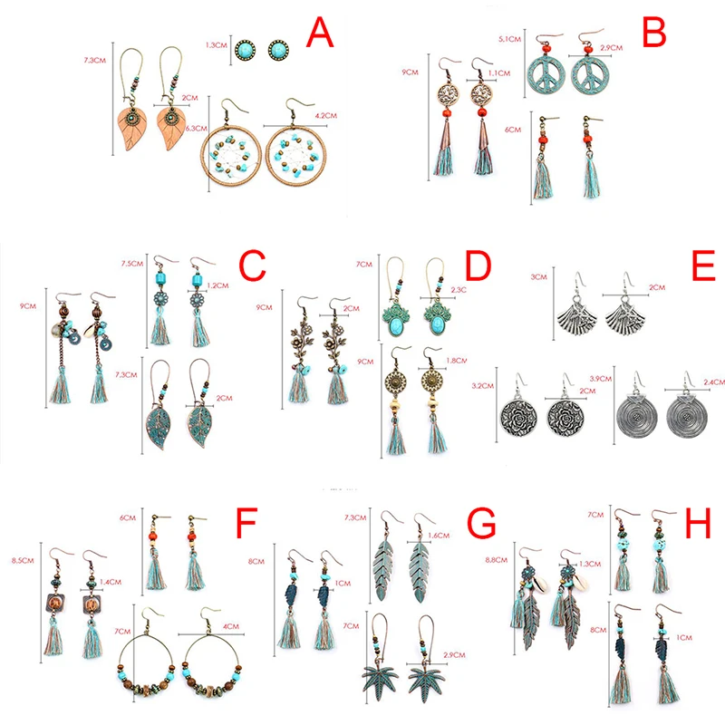 

3Pairs/Set Ethnic Style Retro Tassels Dangle Earrings Statement Jewelry Hot Sale