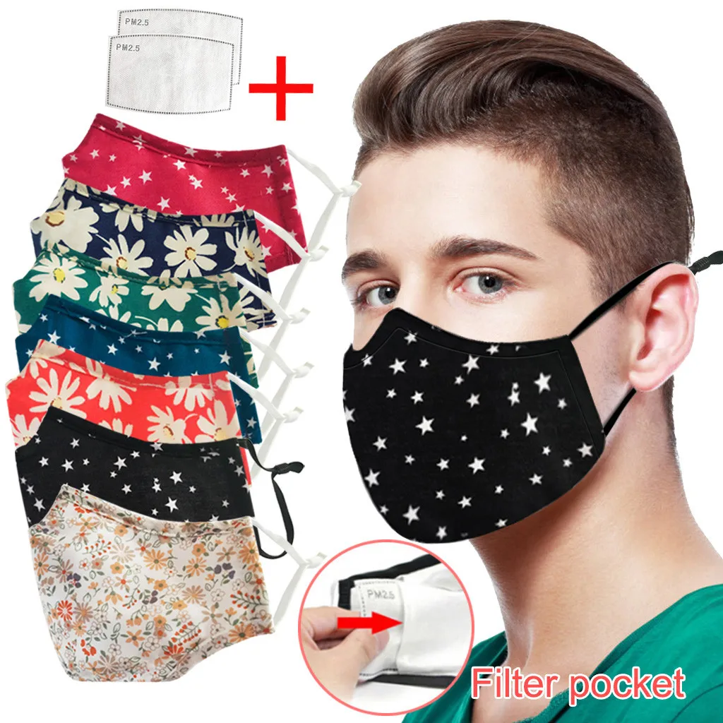

Adults protective mask + 2pcs PM2.5 filters flower Stars Printed dust-proof Reusable Washable Outdoor Masks mascarilas Drop Ship