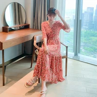 2021 new womens wear korean floral dress french summer long skirt v neck pink thin style elegant temperament large size