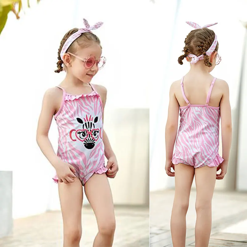 

Girls Beach Children's Swimsuit Cartoon Animal Striped Ruffled Girl Child One-piece Swimsuit