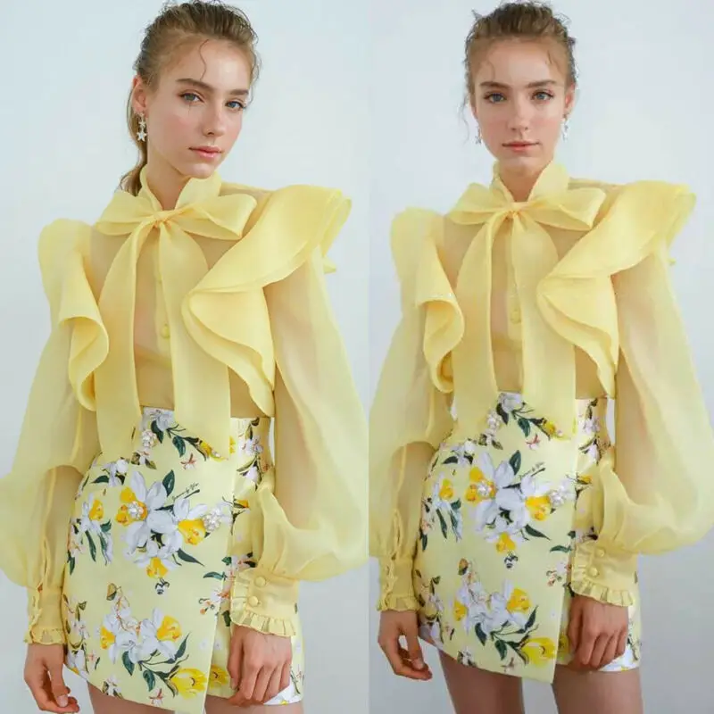 Новая Элегантная женская блузка с бантом повседневные топы рюшами и длинными