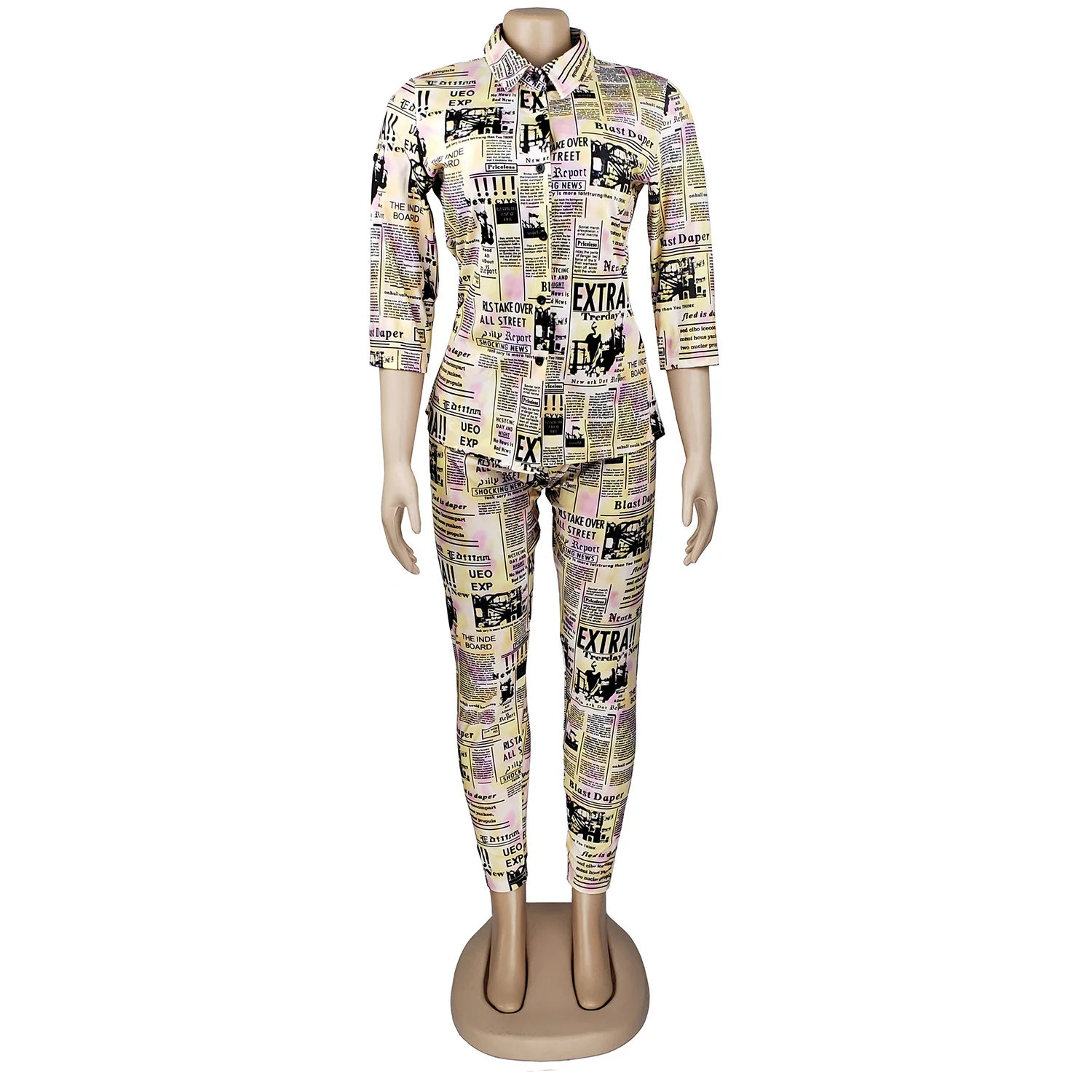 

INS Fashion Women Newspaper Printing Outfits Party Club Office Lady 3/4 Sleeves Turn Down Top and Pants Real Pictures
