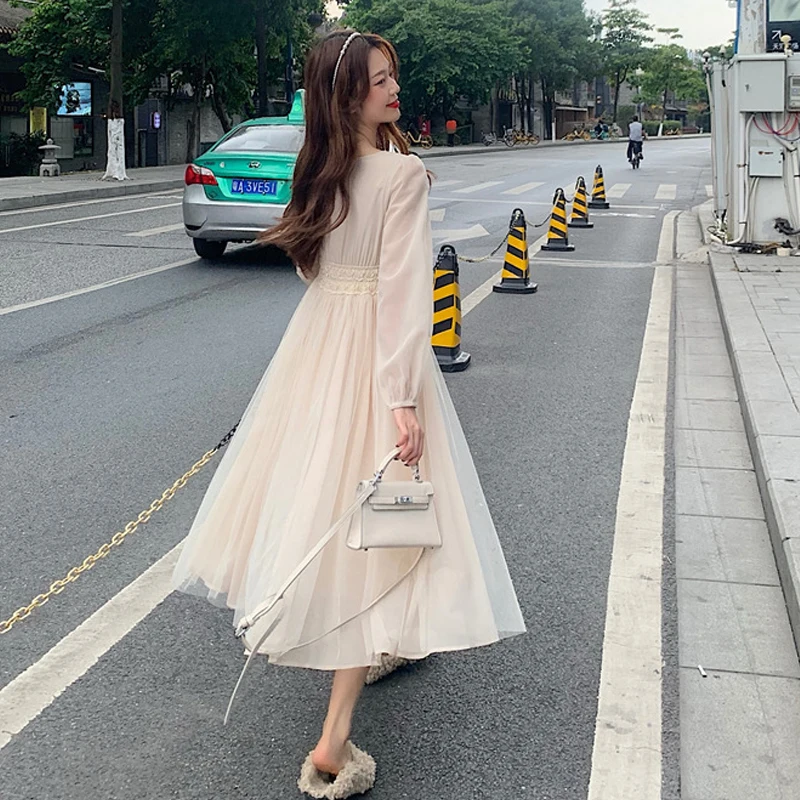 

Women Elegant Mesh Dress French Solid Long Sleeve Fairy Party Lace Dress Sexy V-Neck Chic Dress Spring Clothing Female Vestido
