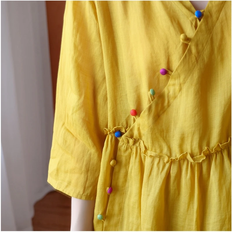 

Summer Artistic Ethnic Style Chinese Frog V-neck Cotton and Linen Shirt Half Sleeve Doll Shirt Linen Loose Ramie Top Women's