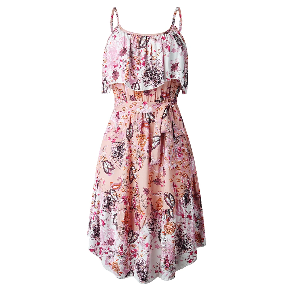 Женское длинное платье с принтом розовое летнее ТРАПЕЦИЕВИДНОЕ открытой спиной