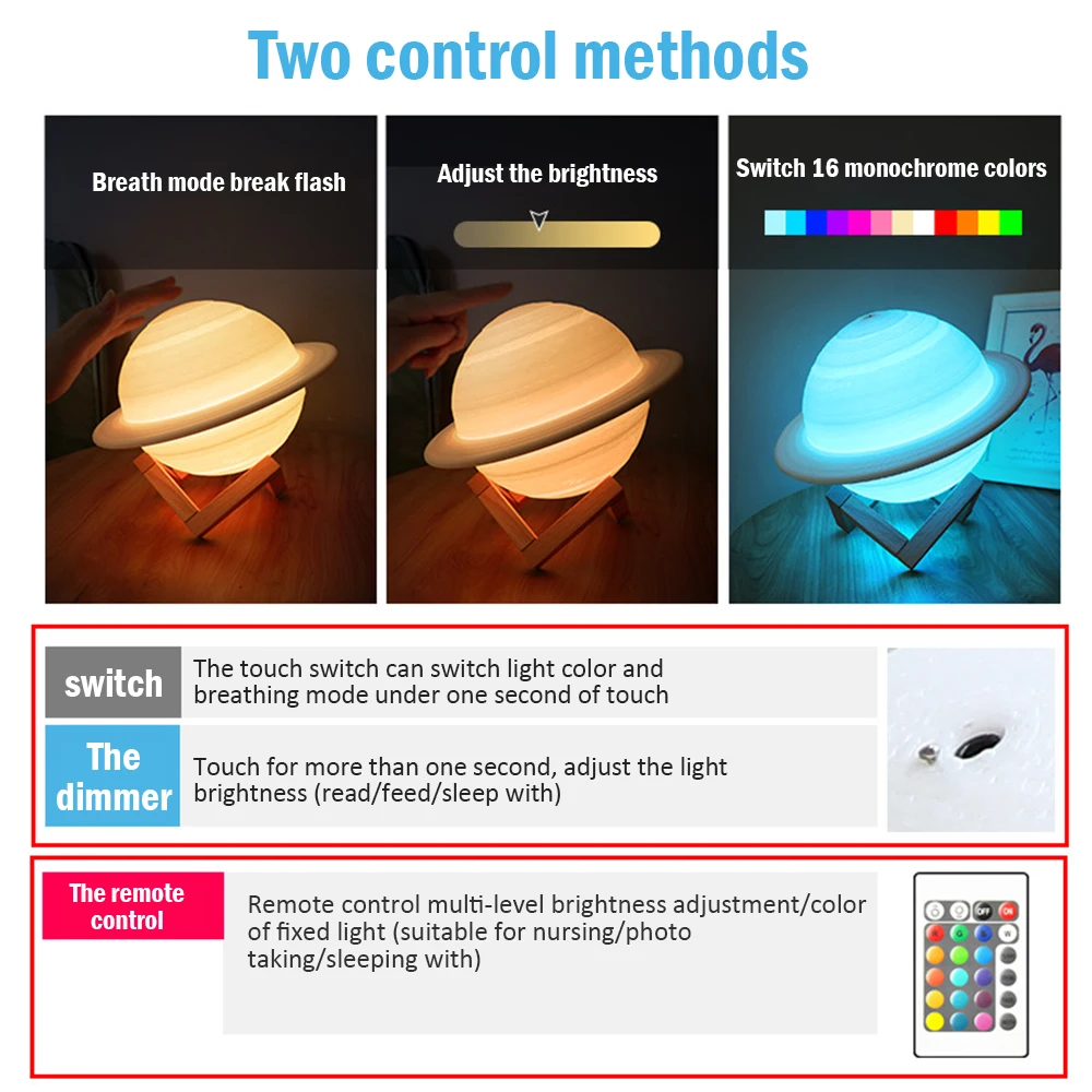 USB перезаряжаемая 3D печать лампа Сатурна с держателем Лунная регулируемой