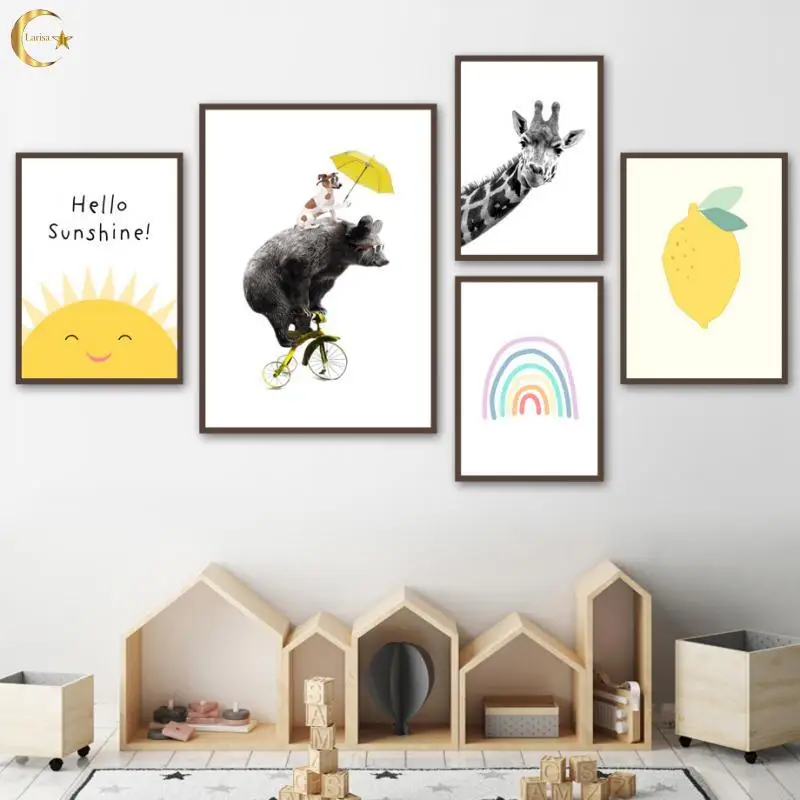 

Wall Art Yellow Umbrella Bear Giraffe Lemon Canvas Painting Cartoon Nordic Posters and Prints Picture Children's Room Decoration
