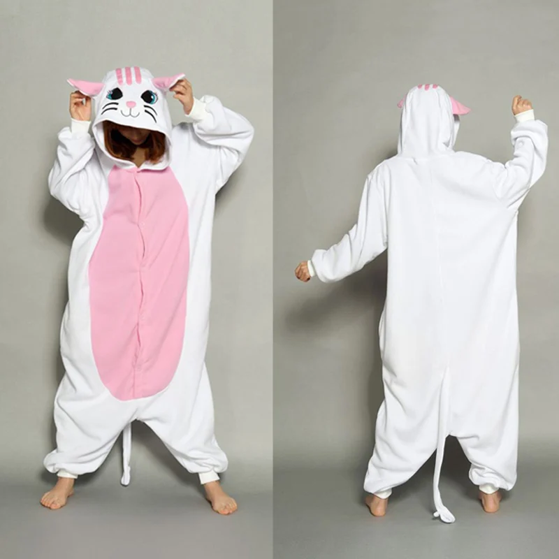 White cat Для взрослых аниме Хэллоуин Косплей Костюм Onesie женские костюмы мультфильм животных пижамы Ститч Единорог Покемон зима теплый - Цвет: White cat