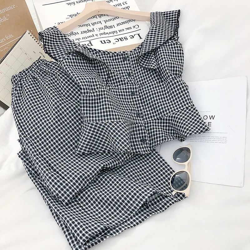 Весенне летний клетчатый жилет в Корейском стиле с оборками и круглым вырезом