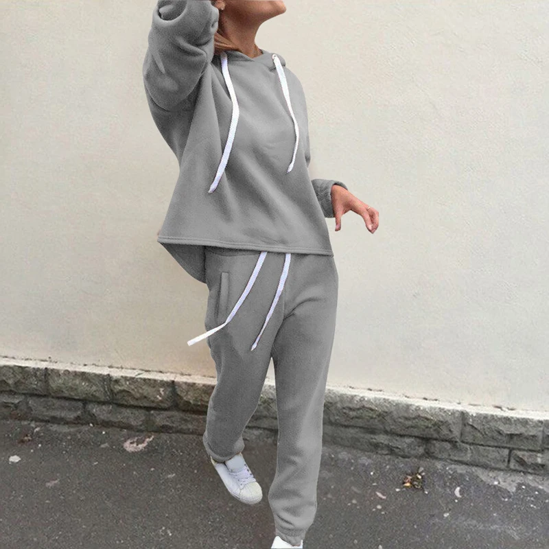 gray Sfit Женская одежда из 2 частей-однотонный пуловер толстовки с длинным рукавом пуловер Толстовка обтягивающие длинные штаны Фитнес Спортивный костюм набор - Цвет: gray