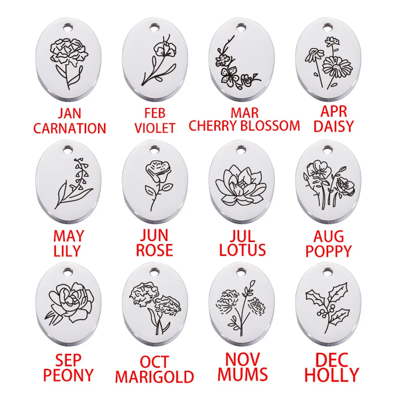 

Ожерелье/браслет, ювелирные изделия, 24 шт., 12*16 мм, зеркальная полированная нержавеющая сталь, месяц, день рождения, цветок, овальный, рождение, Цветок, Кулон