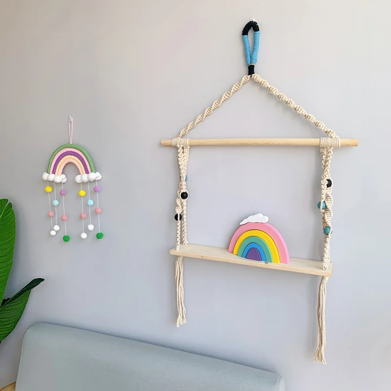 

Style Room Decoration Handmade Woven Cotton Rope Rainbow Hanging Decoration Wall Hanging Decor With Felt Ball Photo Props