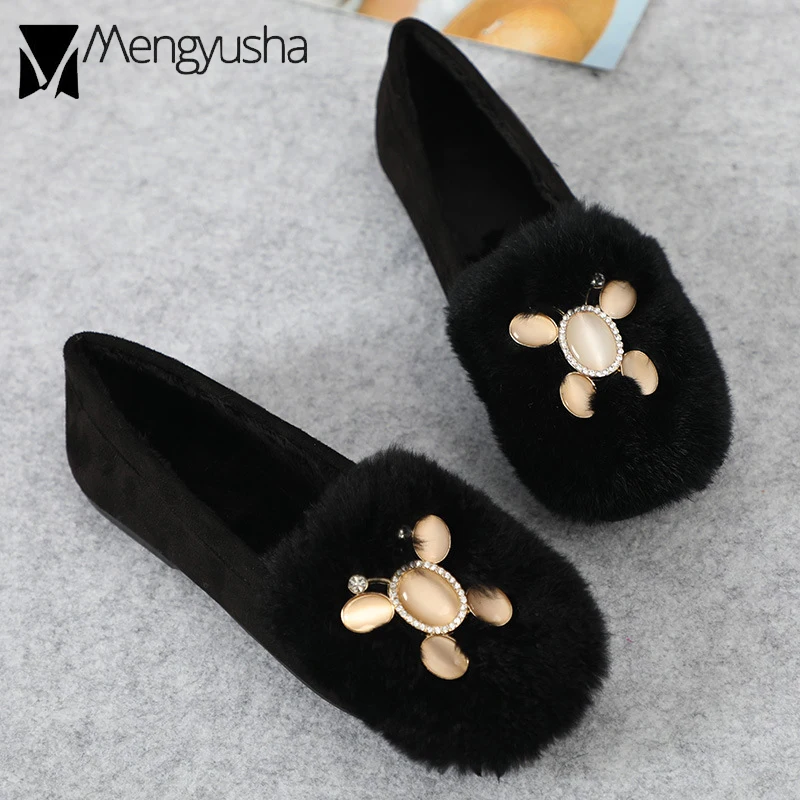 Зимняя обувь Обувь с натуральным мехом кролика Женские из флиса на плоской