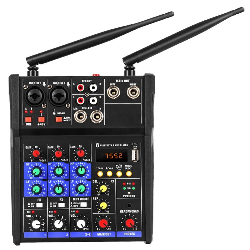 

4 Channel o Mixer Console with Wireless Microphone Sound Mixing with Bluetooth USB Mini Dj Mixer