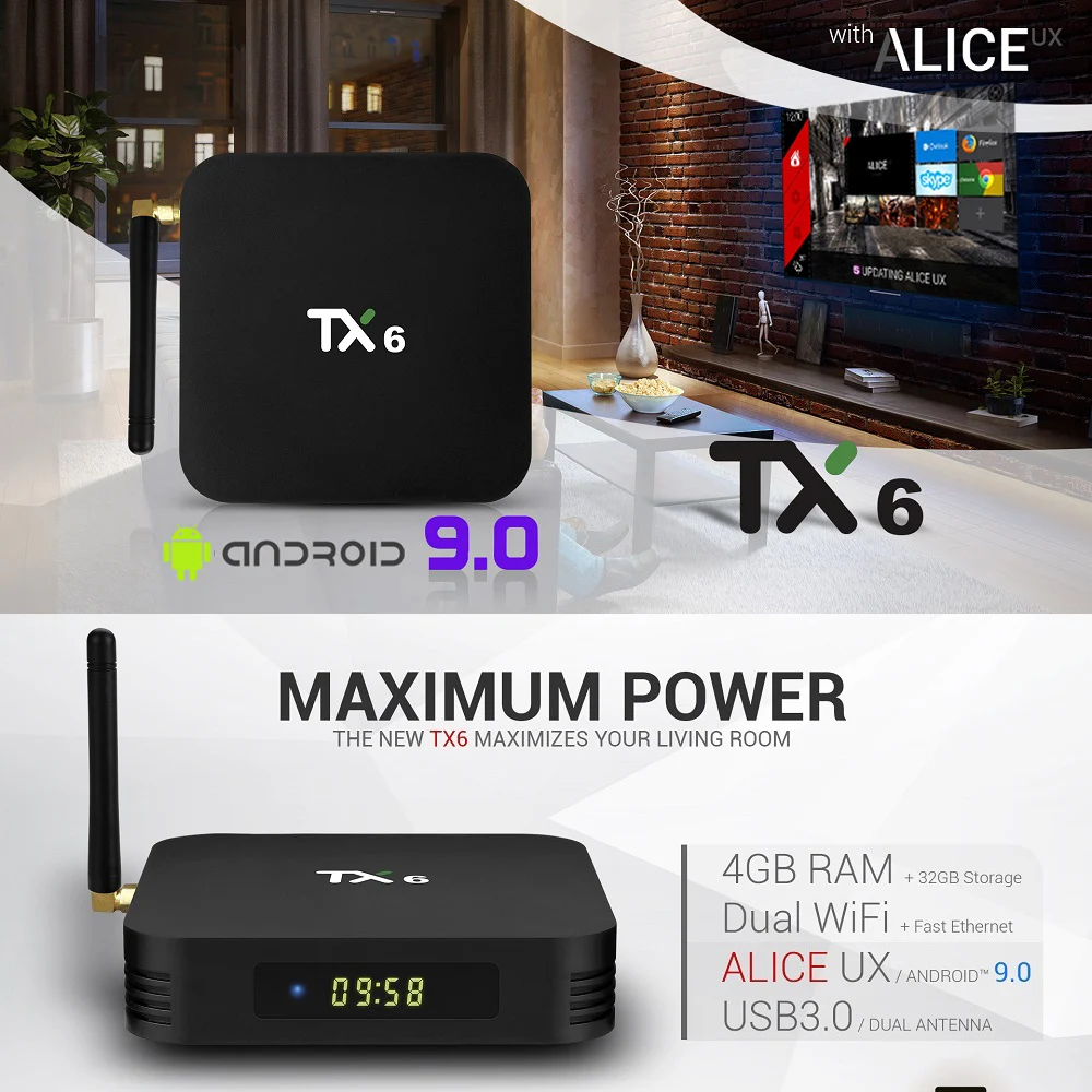 ТВ приставка VONTAR TX6 на Android 9 0 4 ядерный процессор Allwinner H6 + 64 ГБ USB3.0 2 16