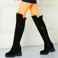 winter warm womens cow suede leather platform wedge over the knee high boots high heels round toe zip tall long boots
